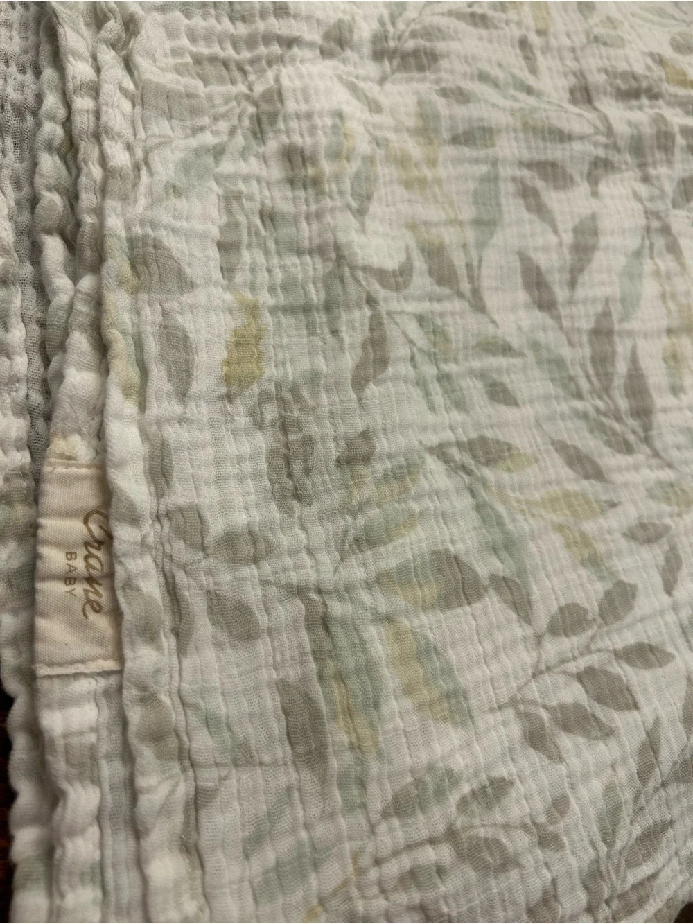 Crane Baby Crib Blanket Reversible White Gray Green Floral Leaf Pattern set of 2